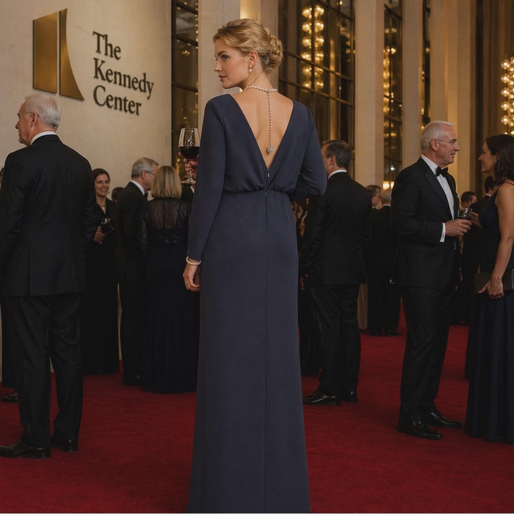 NWT Size 10. 10 Badgley Mischka Navy Minimalistic V-Back Column Gown - Picture 3 of 12